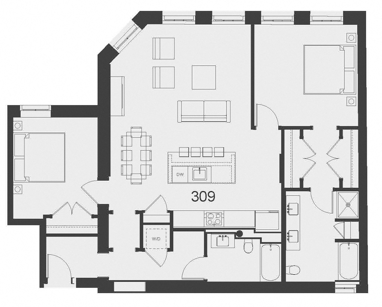 Floor plan for 2 beds, 2 baths, 1359 sqft